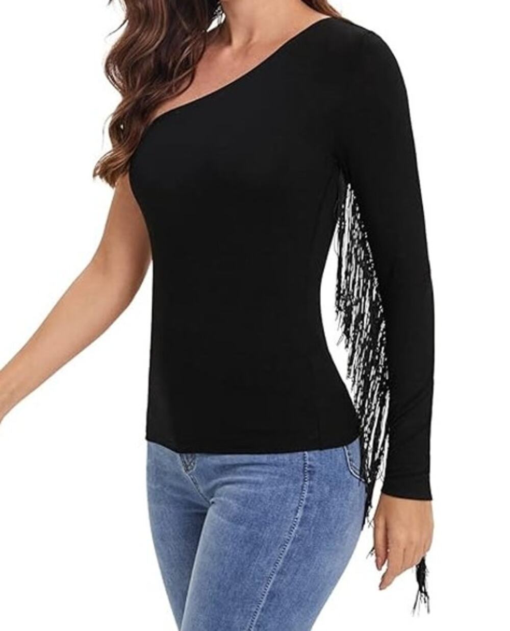 Verdusa Women's Fringe Trim One Shoulder Long Sleeve Fitted Top Small